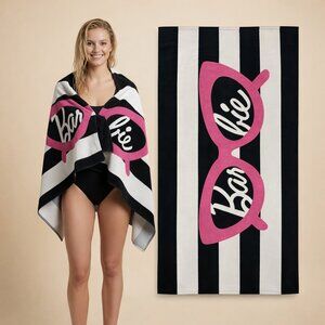 Barbie Sunny Chic Beach Towel 34x64 Pink Black Striped Cotton
